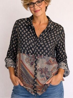 Mixed-Print Button-Front Blouse in Navy and Cream